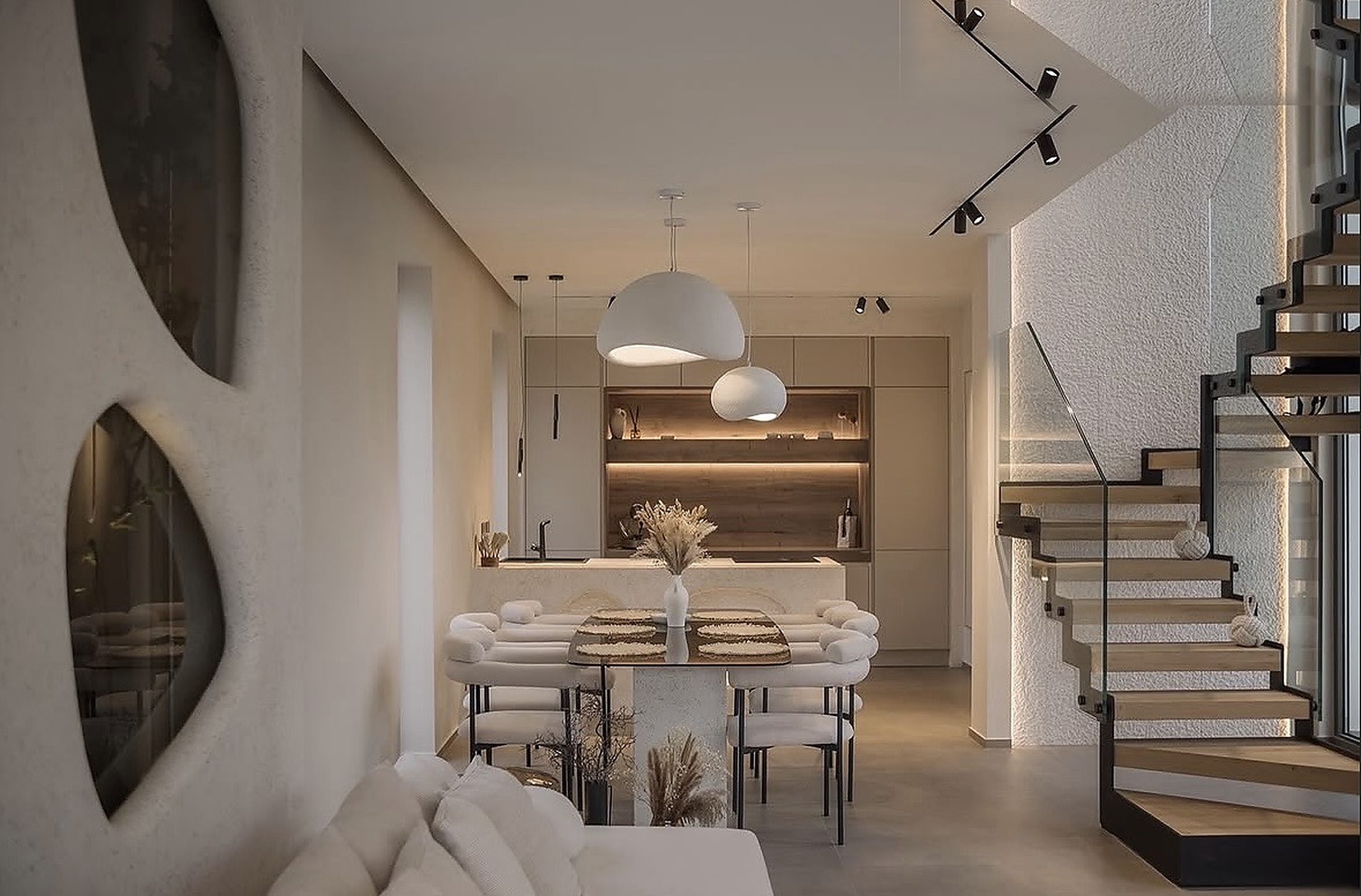 Open-plan kitchen and staircase 1